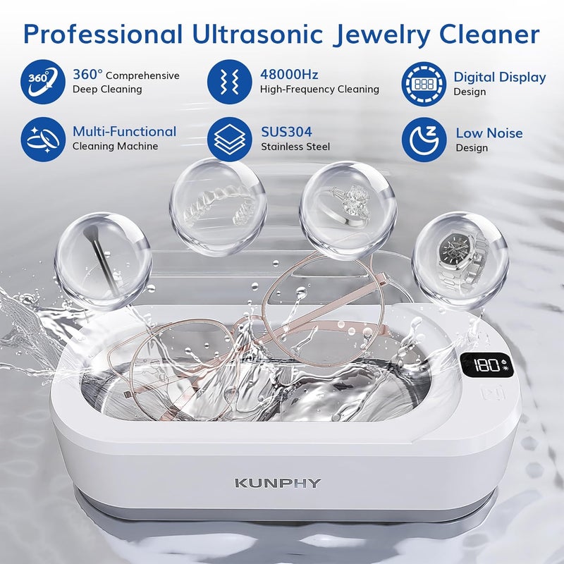 KUNPHY Upgraded Ultrasonic Jewelry Cleaner, 350ML 48KHz Professional Ultrasonic Cleaner Machine with 3 Digital Timers, Touch Operation for Eyeglass, Watches, Ring, Silver, Gold, Diamond - Image 2